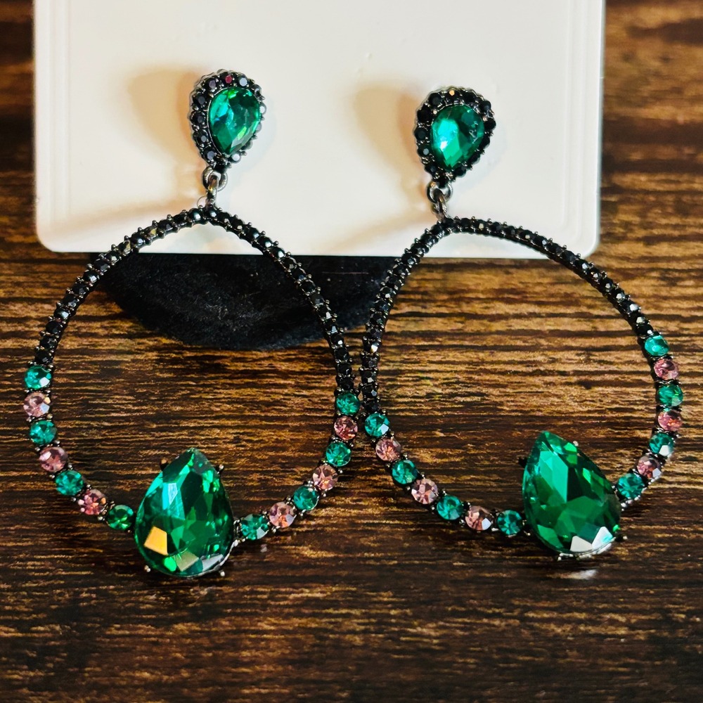 Green Crystal Teardrop Hoop Earrings Gunmetal Rhinestone Statement Dangle